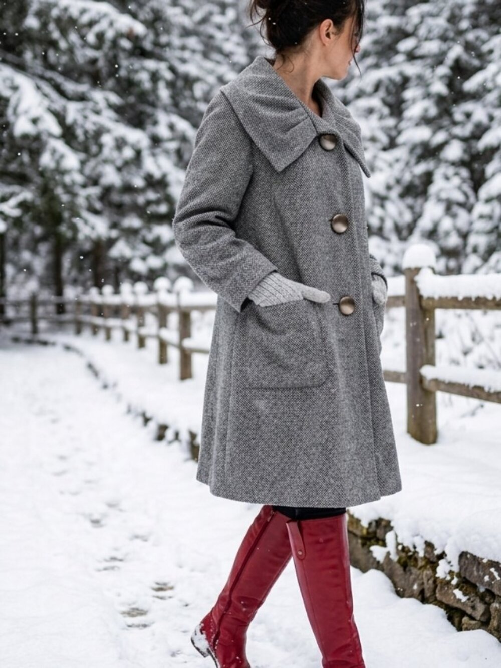 Gray Herringbone Wool-Blend Pea Coat with Wide Collar
